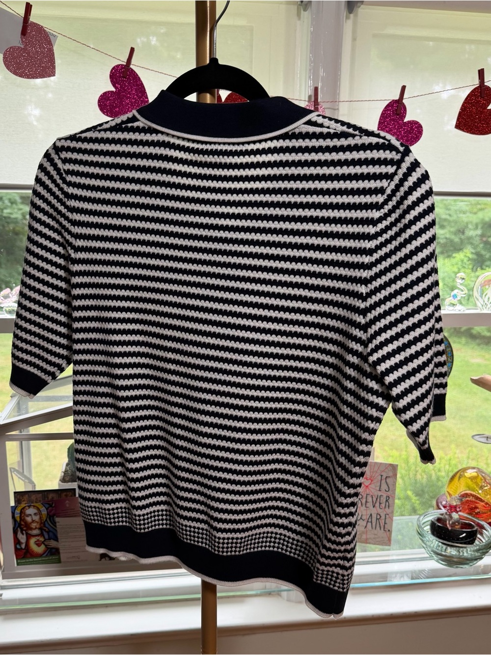 Adrianna Papell Striped Knit Polo Cardigan in Navy and White - Picture 2 of 3
